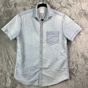 Ricky Singh Mens Denim & Flower Button-Up Shirt Smal Short Sleeve Blue Chambray